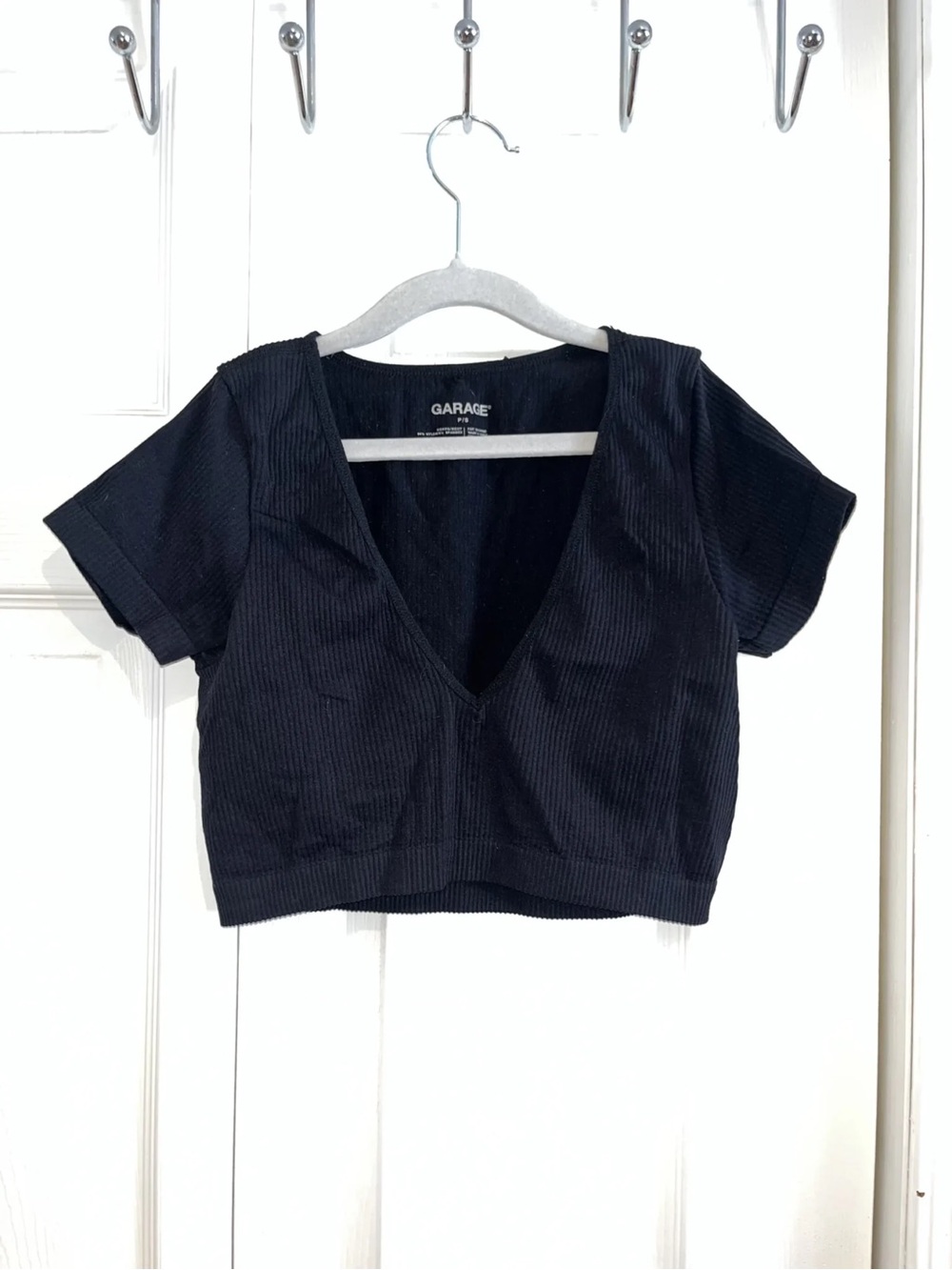 Garage Black Ribbed V-Neck Short Sleeve Crop Top